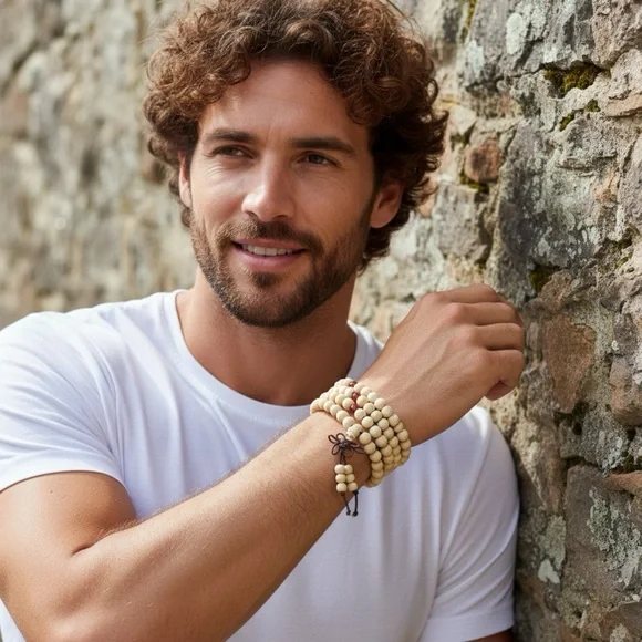 Ivory Path Studio Series 108 Bead Wood Mala Stretch Necklace Wrap Bracelet - Picture 2 of 3